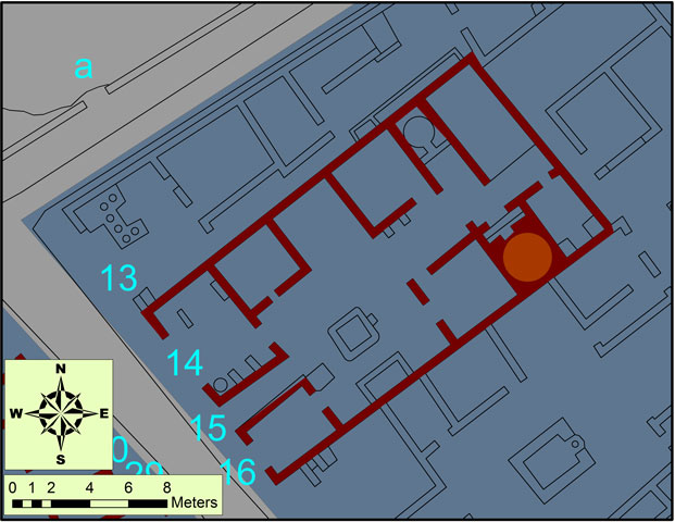 V.1.14.15.16 Pompeii. Private House incorporating bakery
Plan